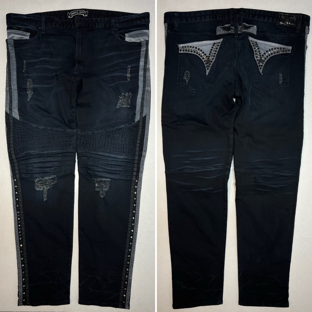 Robin's Jeans Men's 44x32 Dark Wash Distressed Rhinestones Charcoal Jeans Y2K
